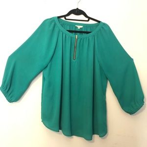 Crescent zipper-accent teal top, size 1X, peasant style